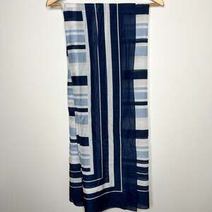 Cuyana Large Navy Blue Light Blue Pink Grey Striped Cotton/Silk Scarf Italy